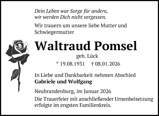 Traueranzeige von Waltraud Pomsel von Nordkurier Neubrandenburger Zeitung