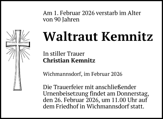 Traueranzeige von Waltraut Kemnitz von Uckermark Kurier Templiner Zeitung