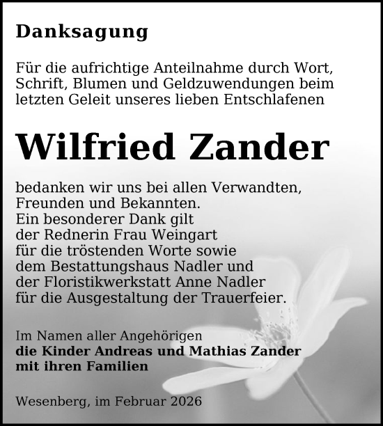 Traueranzeige von Wilfried Zander von Nordkurier Strelitzer Zeitung