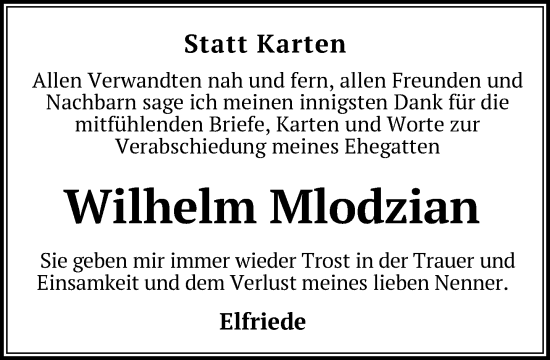 Traueranzeige von Wilhelm Mlodzian von Gadebusch - Rehnaer Zeitung
