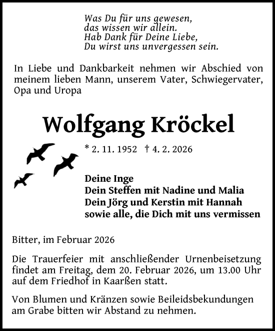 Traueranzeige von Wolfgang Kröckel von Hagenower Kreisblatt