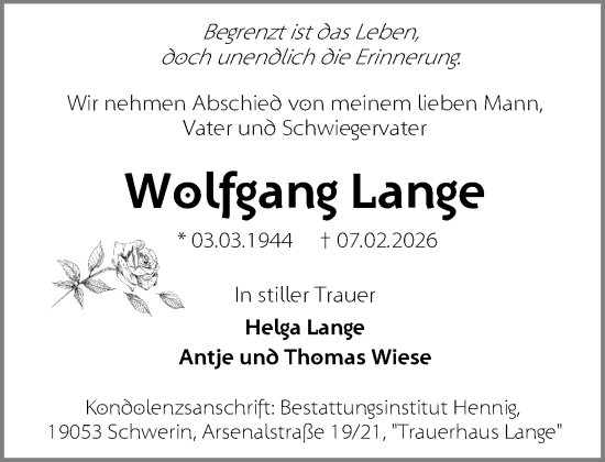 Traueranzeige von Wolfgang Lange von Zeitung für die Landeshauptstadt