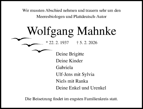 Traueranzeige von Wolfgang Mahnke von Norddeutsche Neueste Nachrichten