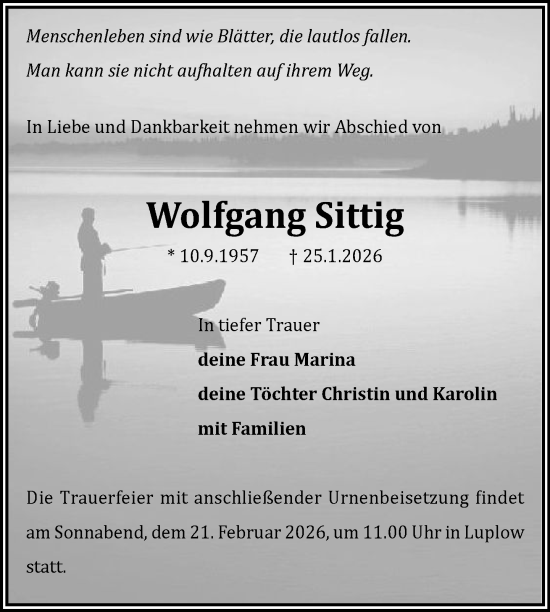 Traueranzeige von Wolfgang Sittig von Nordkurier Neubrandenburger Zeitung